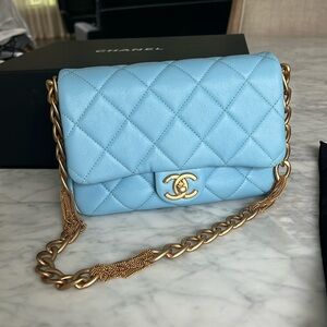 Chanel  small blue flap bag with  gold hardware